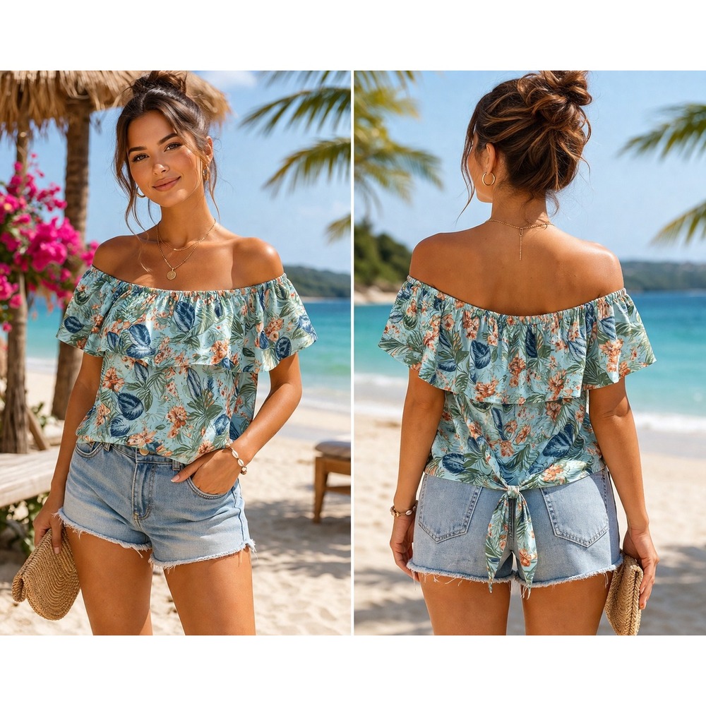 Tropical Boho Off Shoulder Top Women M‎ Tie Back Ruffle Resort Beach Chic